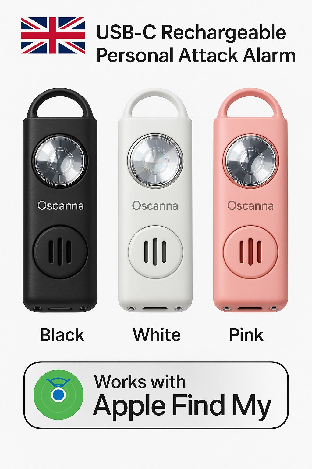Portable USB-C Rechargeable Personal Alarm with 130dB Siren & Strobe Light – Apple Find My Compatible Safety Keychain for Women, Students & Seniors