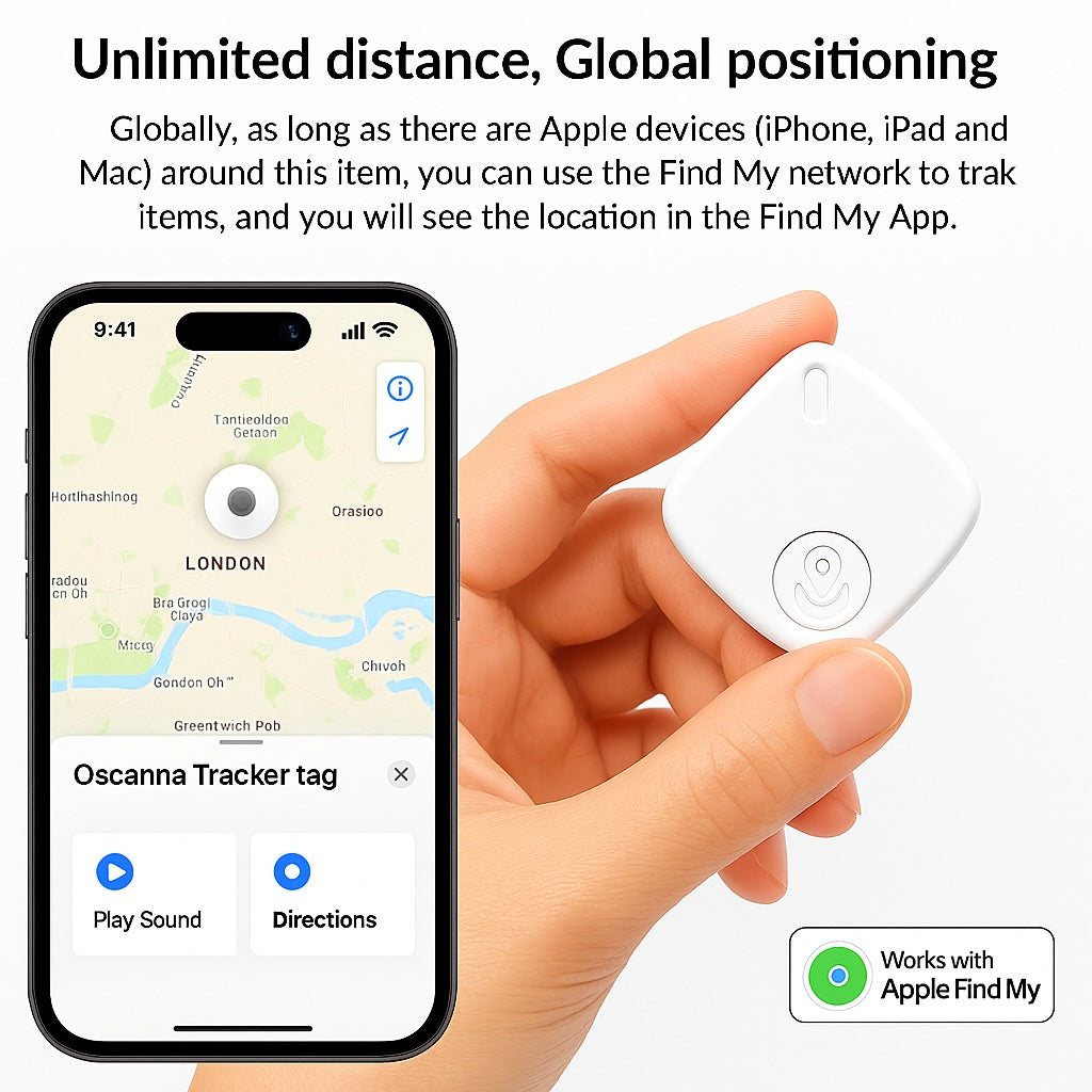 4 Pack Oscanna Bluetooth Tracker – Apple Find My Network, IP67 Waterproof, Real-Time Location, Pet & Item Finder
