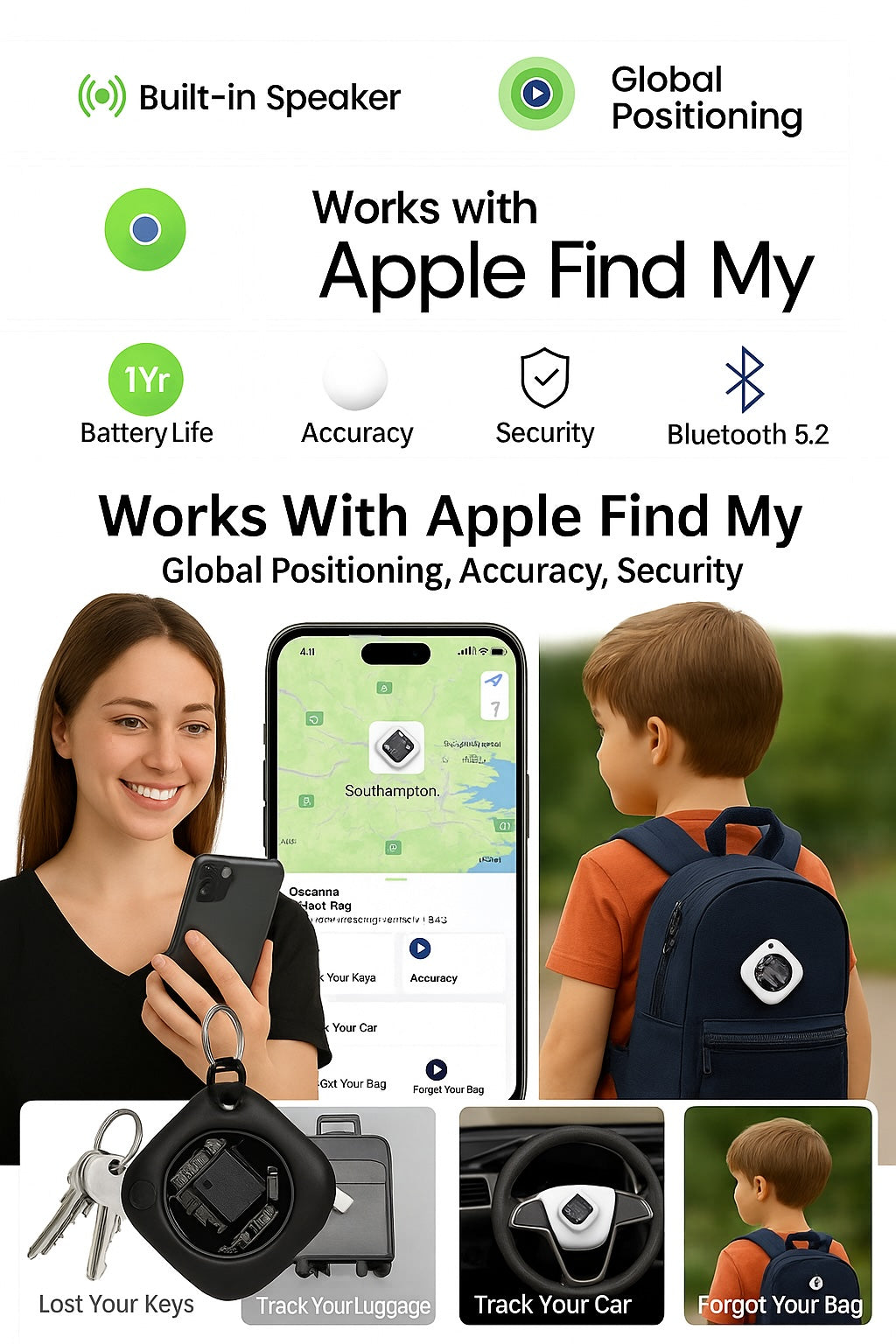 2Pack Oscanna Find My Compatible Square Tracker – Compact Bluetooth Item Finder | 29mm x 29mm, 9mm Thin, 12g | Keychain Luggage Wallet Pet Tracker | Works with Apple Find My Network