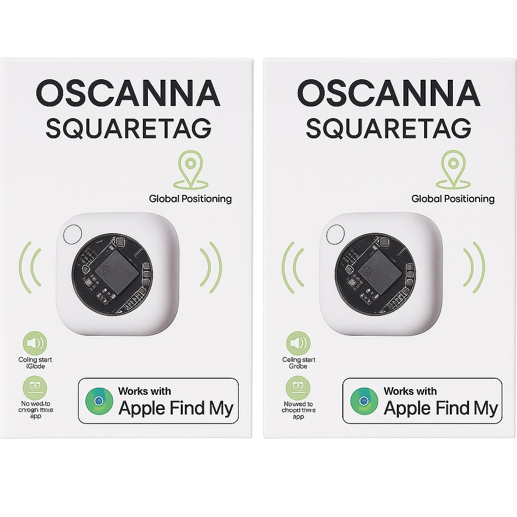2Pack Oscanna Find My Compatible Square Tracker – Compact Bluetooth Item Finder | 29mm x 29mm, 9mm Thin, 12g | Keychain Luggage Wallet Pet Tracker | Works with Apple Find My Network