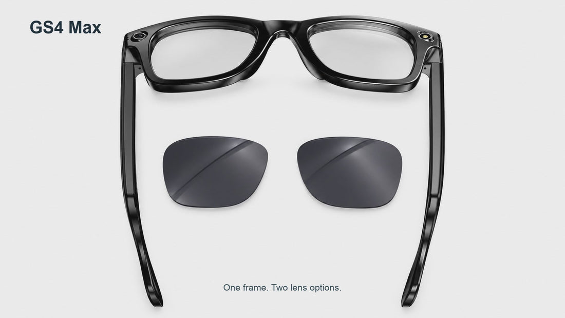GS4 Max black smart glasses with clear lenses fitted and two separate dark replacement lenses