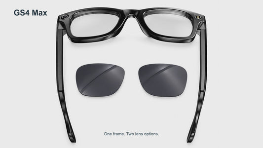GS4 Max black smart glasses with clear lenses fitted and two separate dark replacement lenses