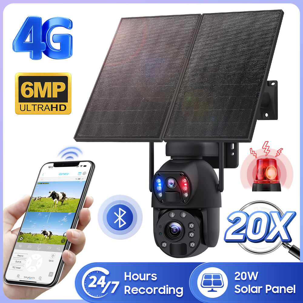 20X Zoom 24/7 Recording 20W Solar Panel 4G 6MP 20000mAh Dual Lens Laser Infrared Lamp 4G Solar Camera