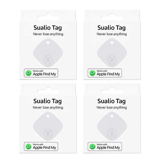 4 Pack Sualio Bluetooth Tracker – Apple Find My Network, IP67 Waterproof, Real-Time Location, Pet & Item Finder