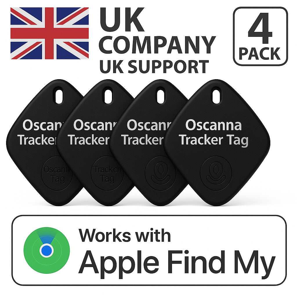 4 Pack Oscanna Bluetooth Tracker – Apple Find My Network, IP67 Waterproof, Real-Time Location, Pet & Item Finder