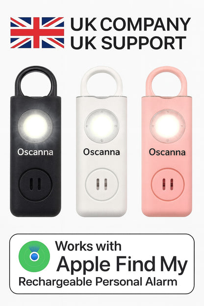 Oscanna Personal Alarm Keychain – 130dB Siren, Strobe & Apple Find My