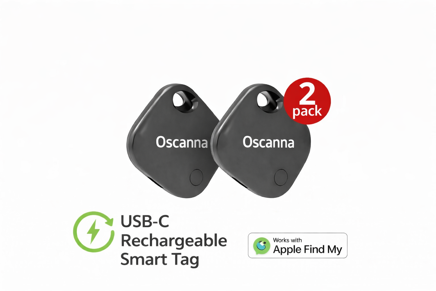 2 Pack Oscanna Rechargeable Smart Tag like airtag– Works with Apple Find My