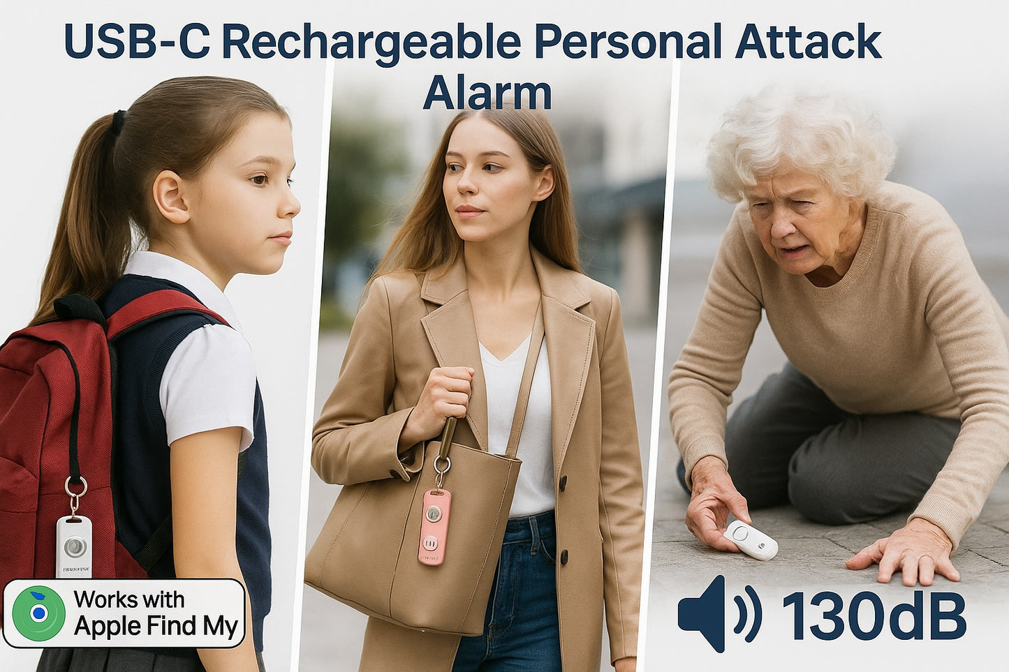Portable USB-C Rechargeable Personal Alarm with 130dB Siren & Strobe Light – Apple Find My Compatible Safety Keychain for Women, Students & Seniors