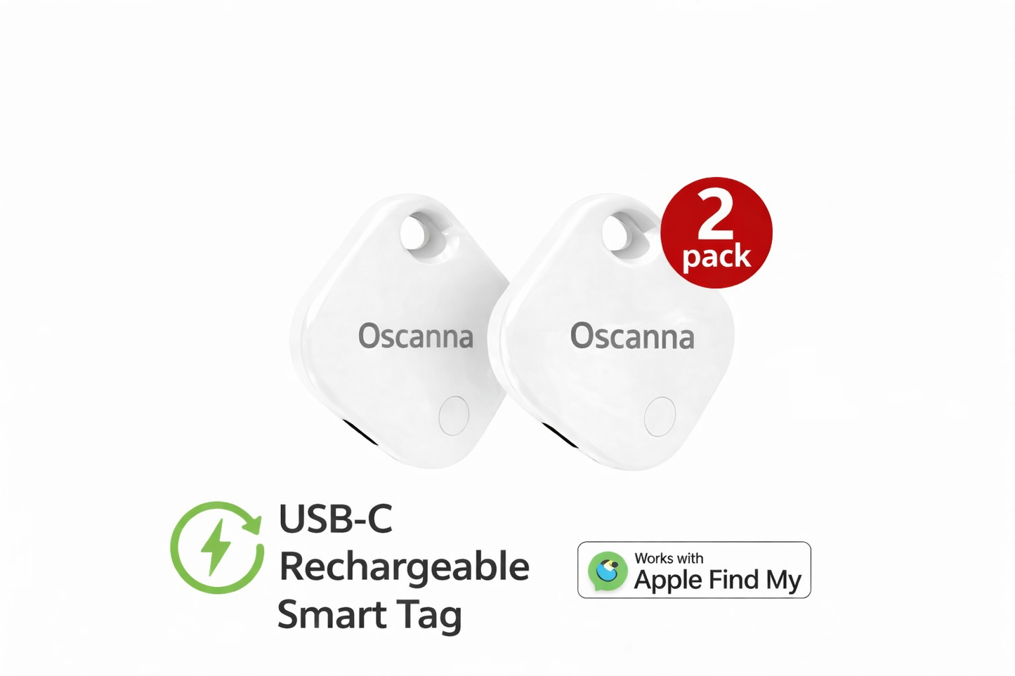 2 Pack Oscanna Rechargeable Smart Tag like airtag– Works with Apple Find My