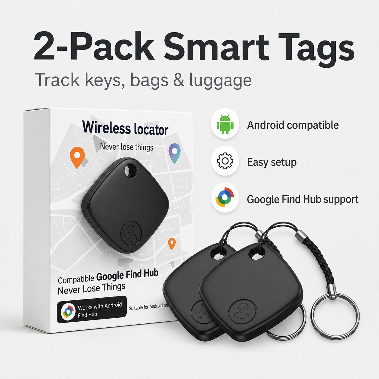 Android Tracker Tags 2-Pack or 4-Pack – Works with Google Find Hub