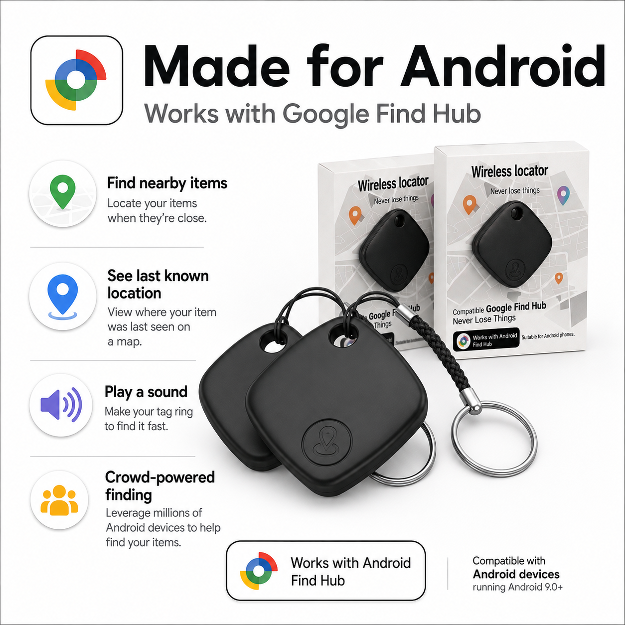 Android Tracker Tags 2-Pack or 4-Pack – Works with Google Find Hub