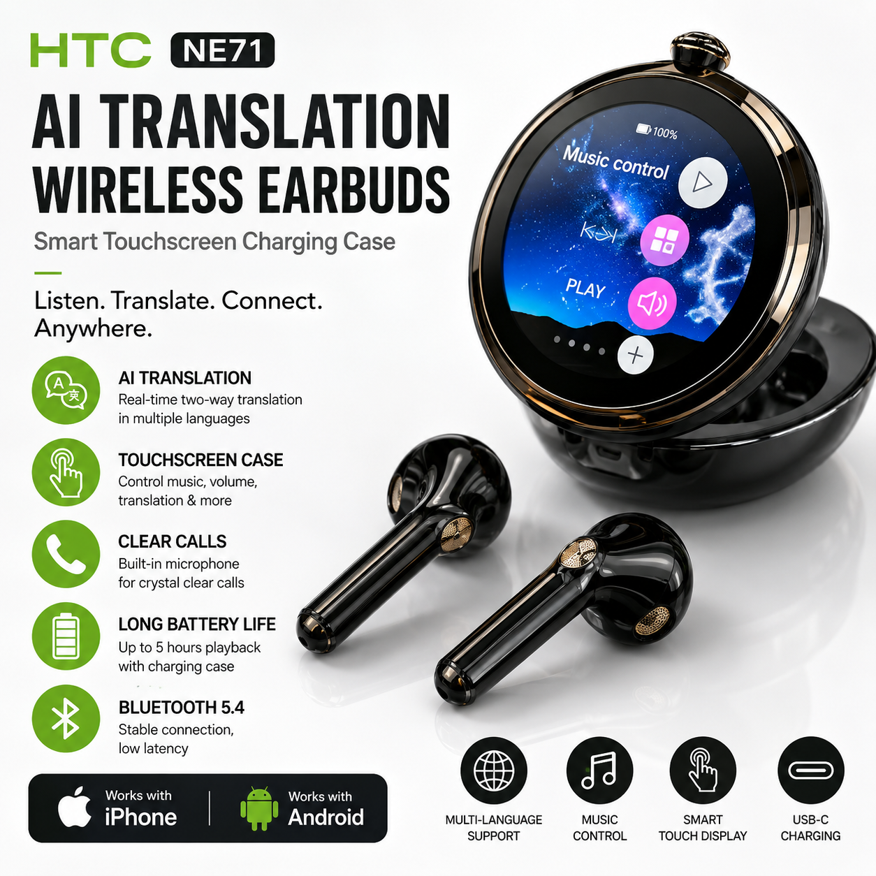 HTC NE71 AI Translation Earbuds with Smart Touchscreen Case