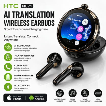 HTC NE71 AI Translation Earbuds with Smart Touchscreen Case