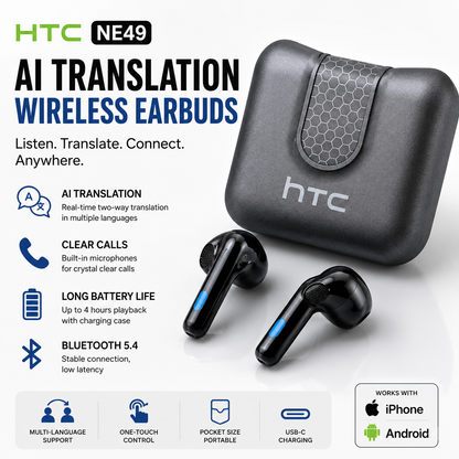 HTC NE49 AI Translation Earbuds – Bluetooth 6.0 Low-Latency TWS