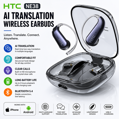 HTC NE38 AI Translation Open-Ear Earbuds – Bluetooth 6.0