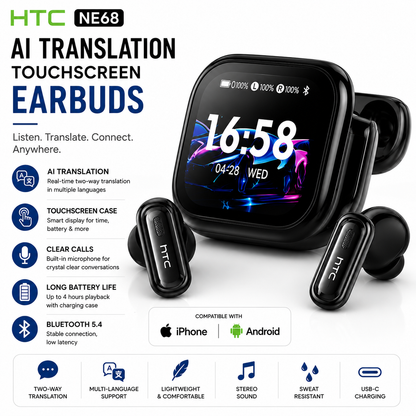 HTC NE68 AI Translation Wireless Earbuds – HD Touch Screen Bluetooth 6.0 Earphones