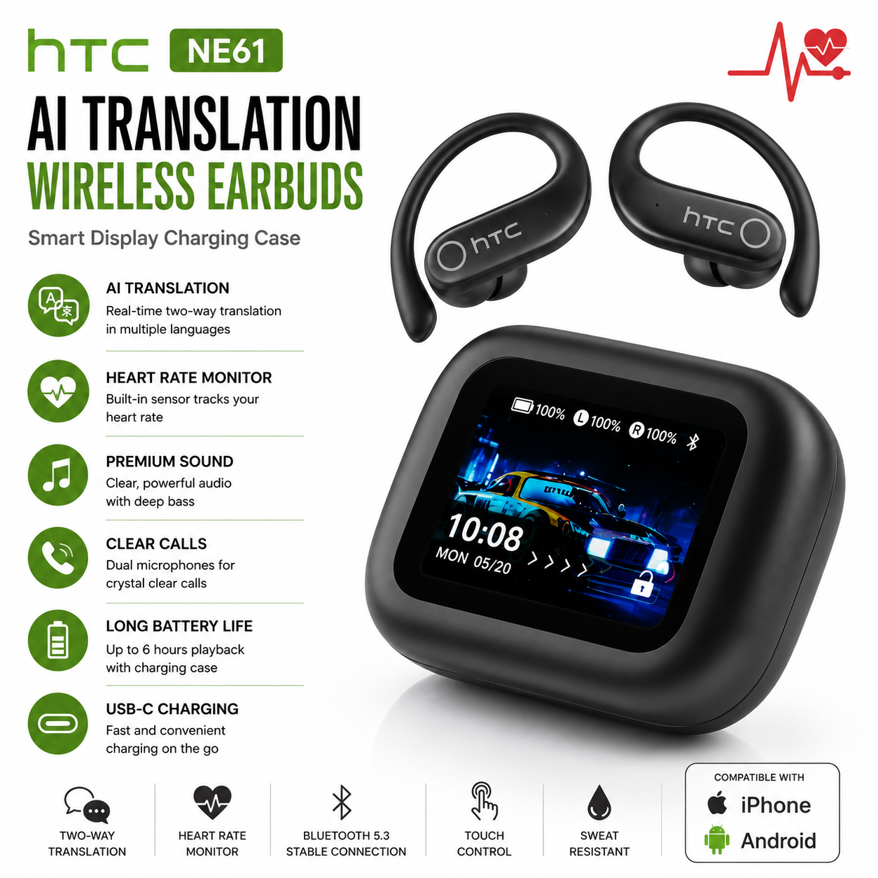 HTC NE61 AI Translator Wireless Earbuds Bluetooth Sports Earphones Heart Rate Monitor