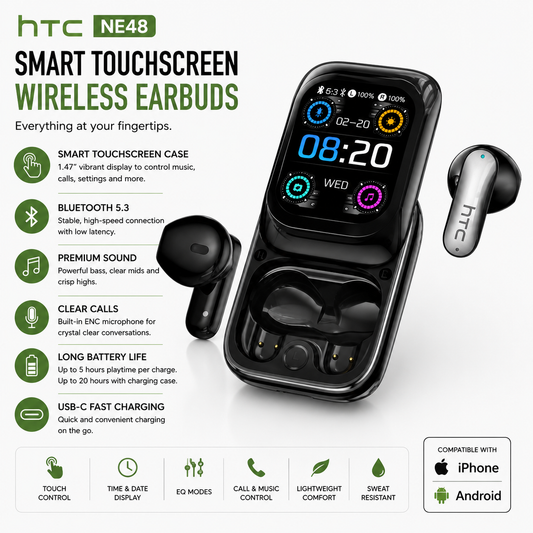 HTC NE48 TWS Earbuds AI Translation Touchscreen Case Bluetooth