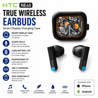 HTC NE40 AI Translation Wireless Earbuds Bluetooth 6.0 Earphones LED Display, High Fidelity Waterproof Wireless Earphones, TWS Touch Control Earbuds