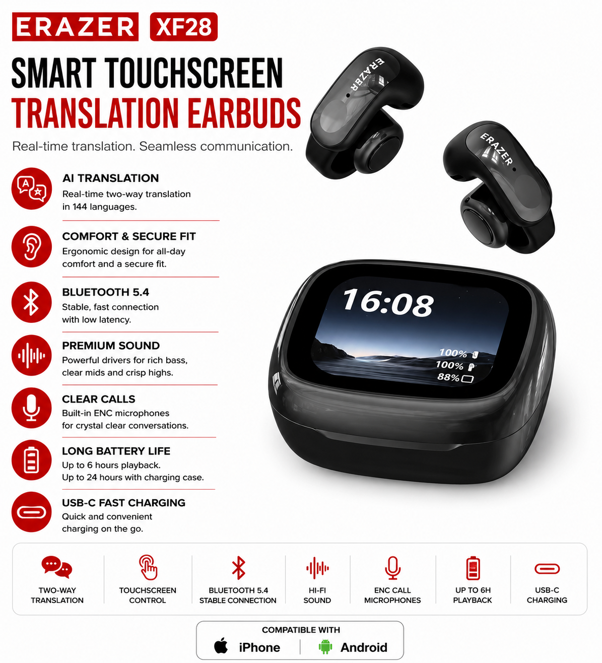 Erazer XF28 AI Translation Bluetooth Earbuds