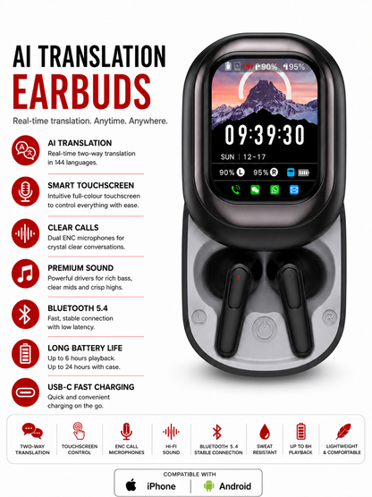 AI Translation Earbuds Full Colour Touch Screen Wireless Bluetooth Headphones BUY 1 Get 1 Free!