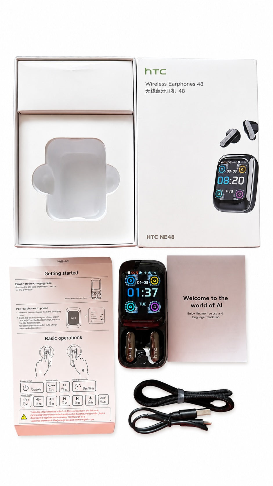 HTC NE48 TWS Earbuds AI Translation Touchscreen Case Bluetooth