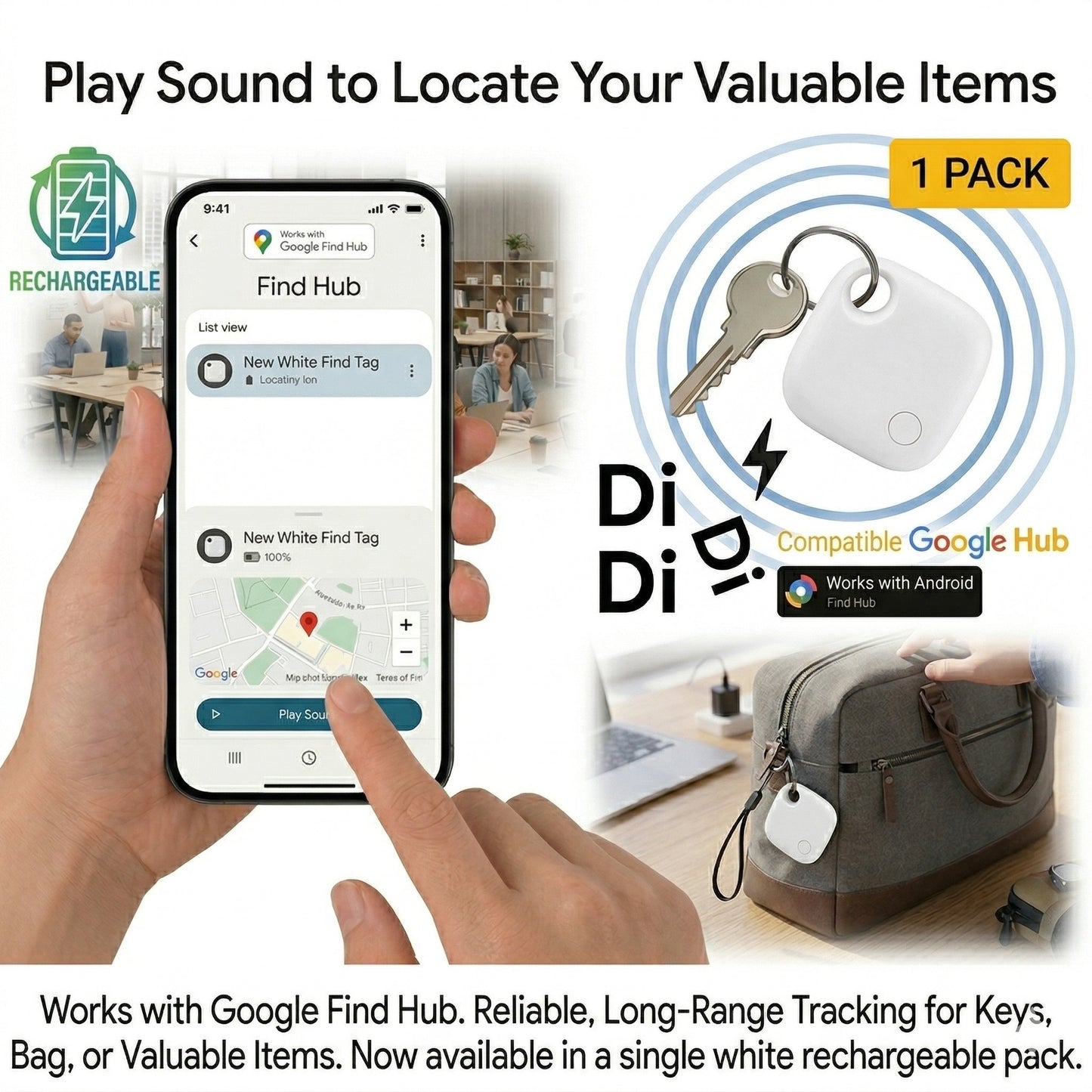 Rechargeable ANDROID Tracker Tag works with Google Find Hub( airtag alternative)
