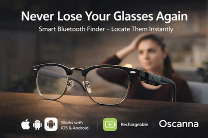 Rechargeable Oscanna Bluetooth glasses finder attached to black glasses for iPhone and Android app