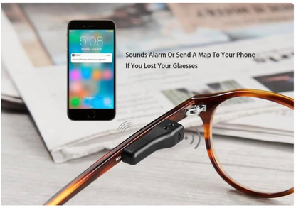iTrackEasy glasses finder attached to tortoiseshell glasses with nearby phone alarm notification