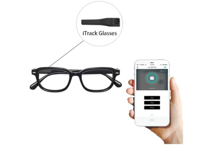 iTrackEasy glasses finder fitted to black glasses beside its smartphone app controls
