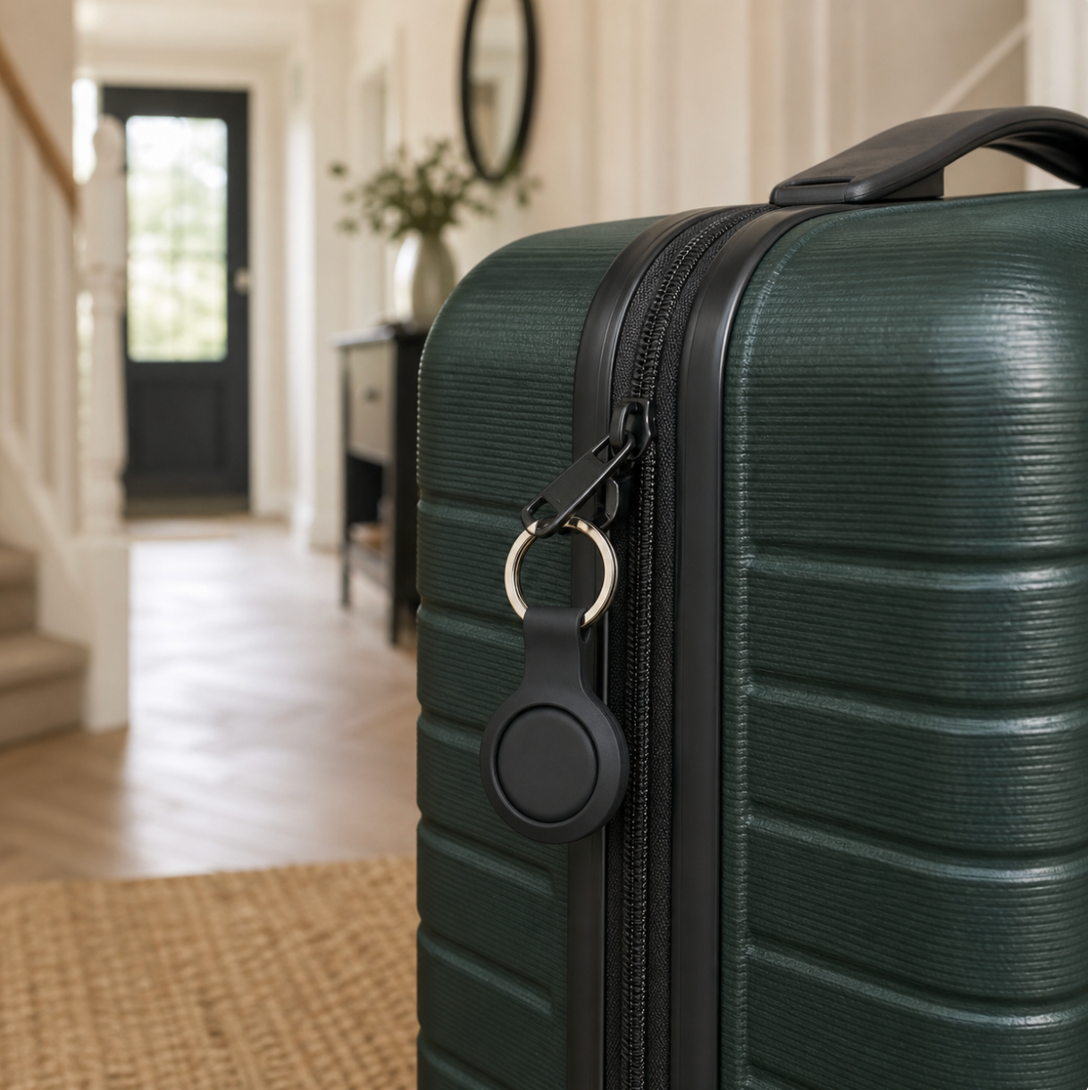 Black Apple Find My smart tag in silicone keyring holder attached to green suitcase
