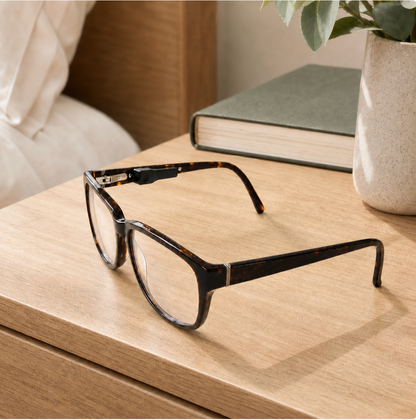 Rechargeable glasses finder attached discreetly to tortoiseshell glasses on a bedside table