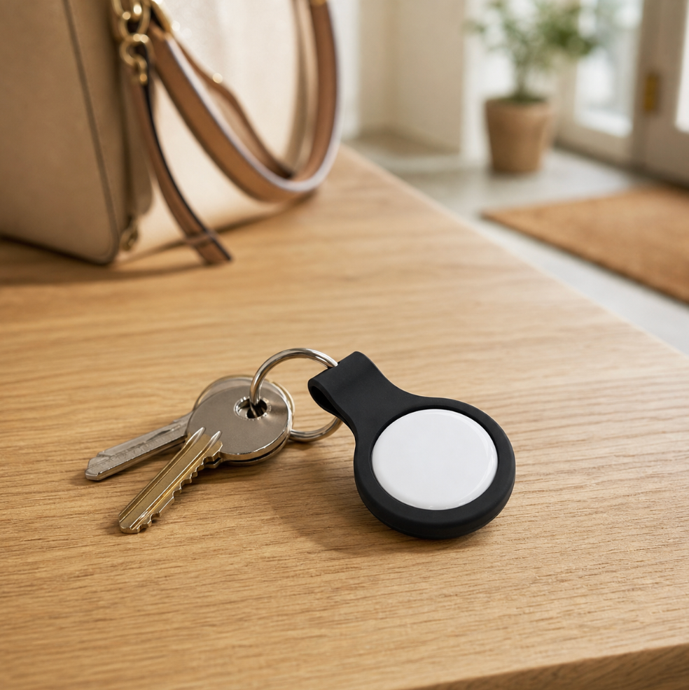 Black silicone keyring holder with white Oscanna Dual Tag attached to house keys