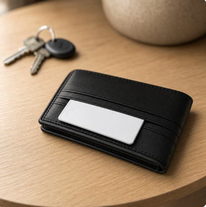 Slim white Oscanna wallet tracker visible in a black leather wallet card slot
