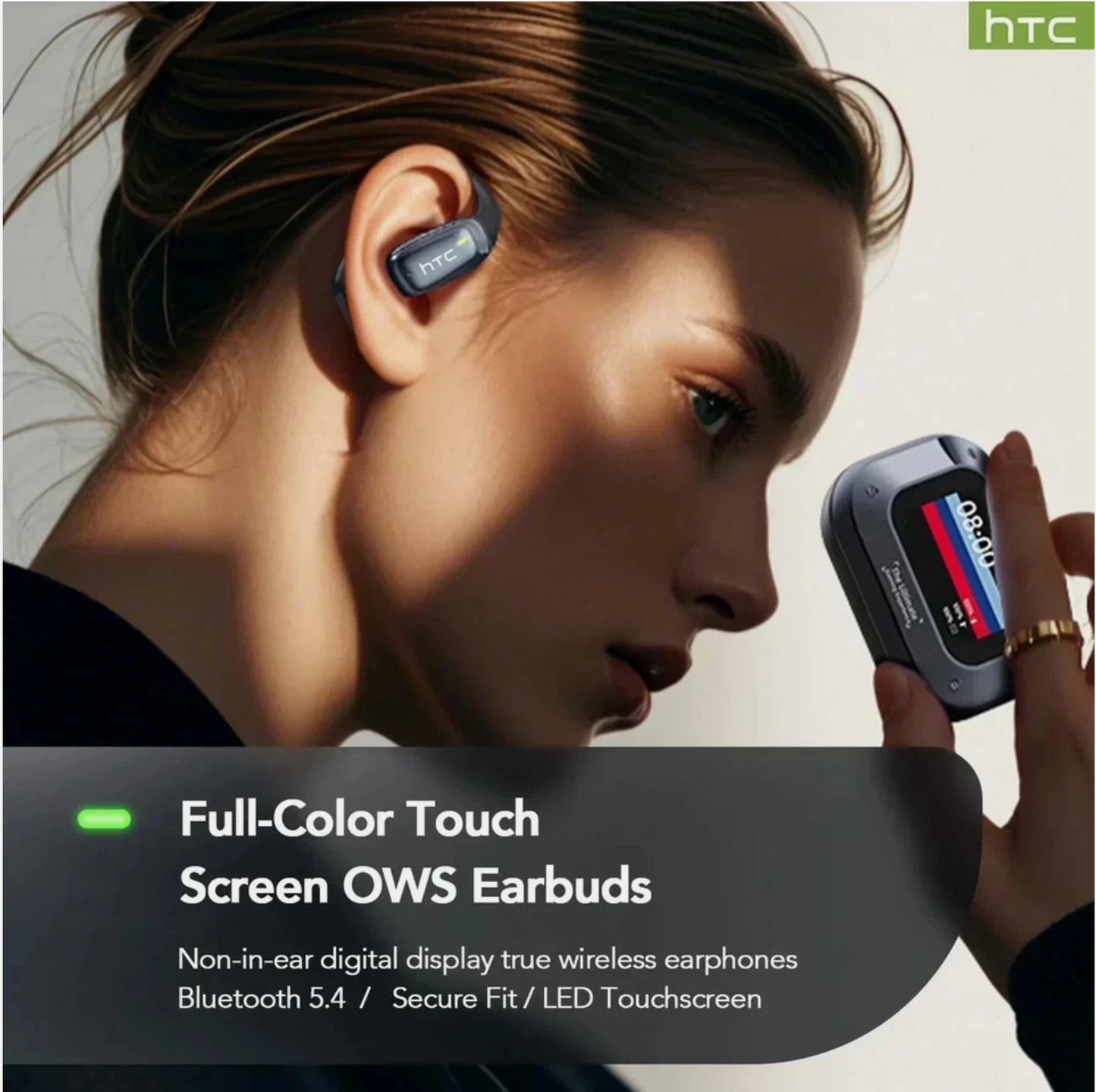 HTC NE25 AI Translation Open-Ear Earbuds with Smart Touchscreen Case