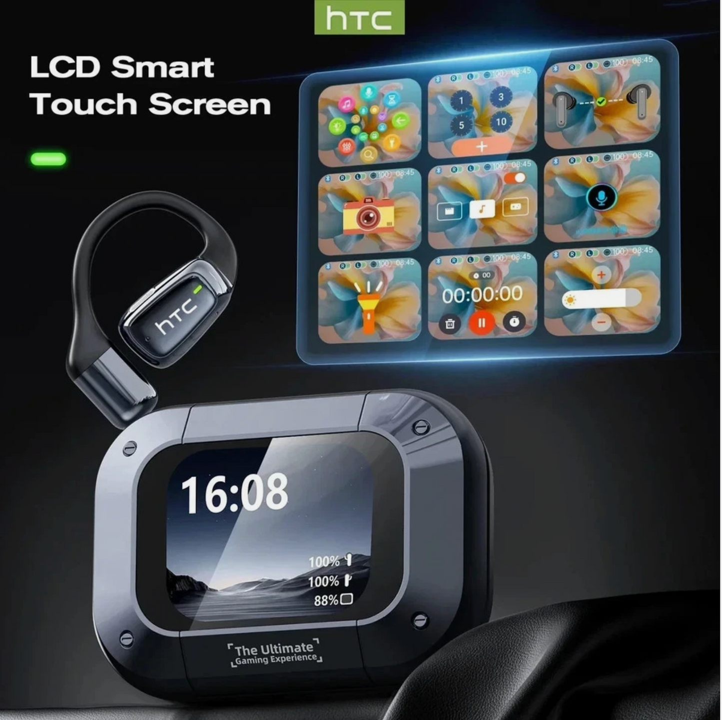 HTC NE25 AI Translation Open-Ear Earbuds with Smart Touchscreen Case
