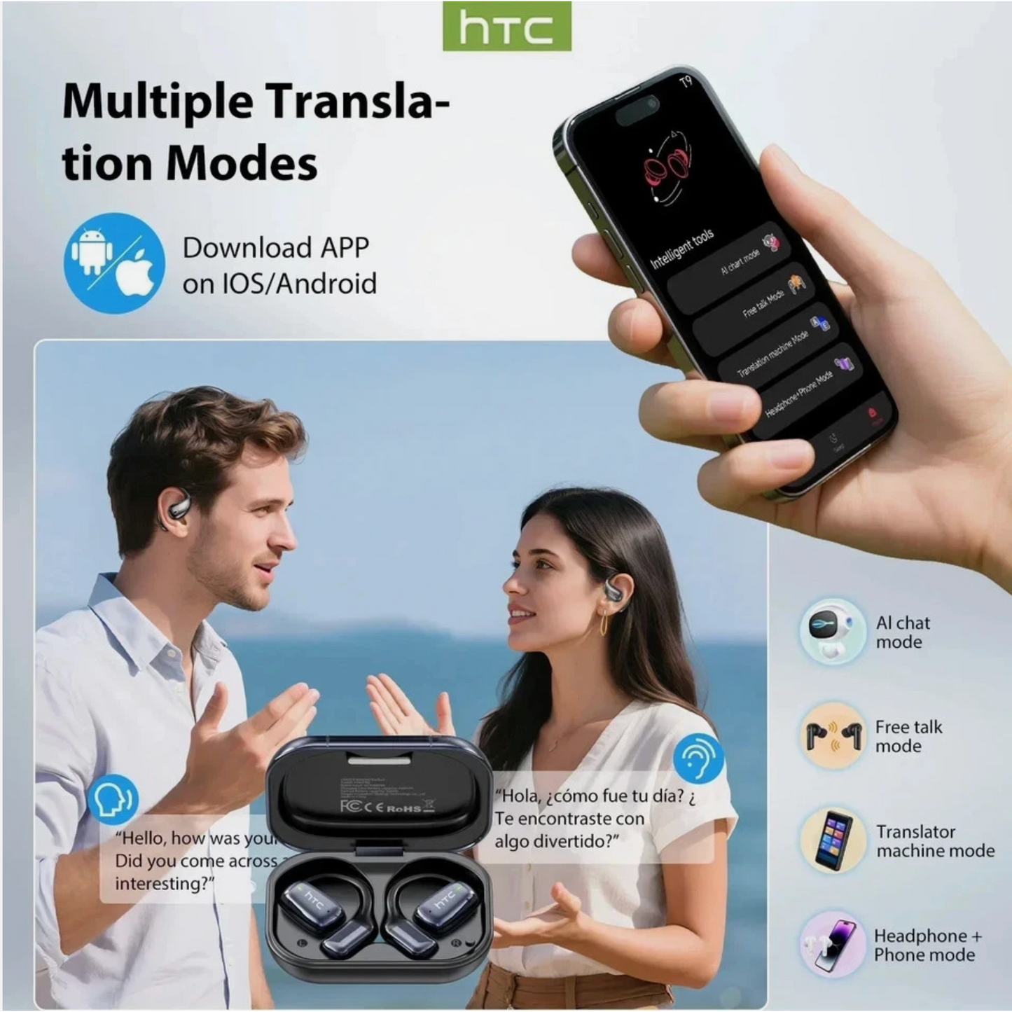 HTC NE25 AI Translation Open-Ear Earbuds with Smart Touchscreen Case