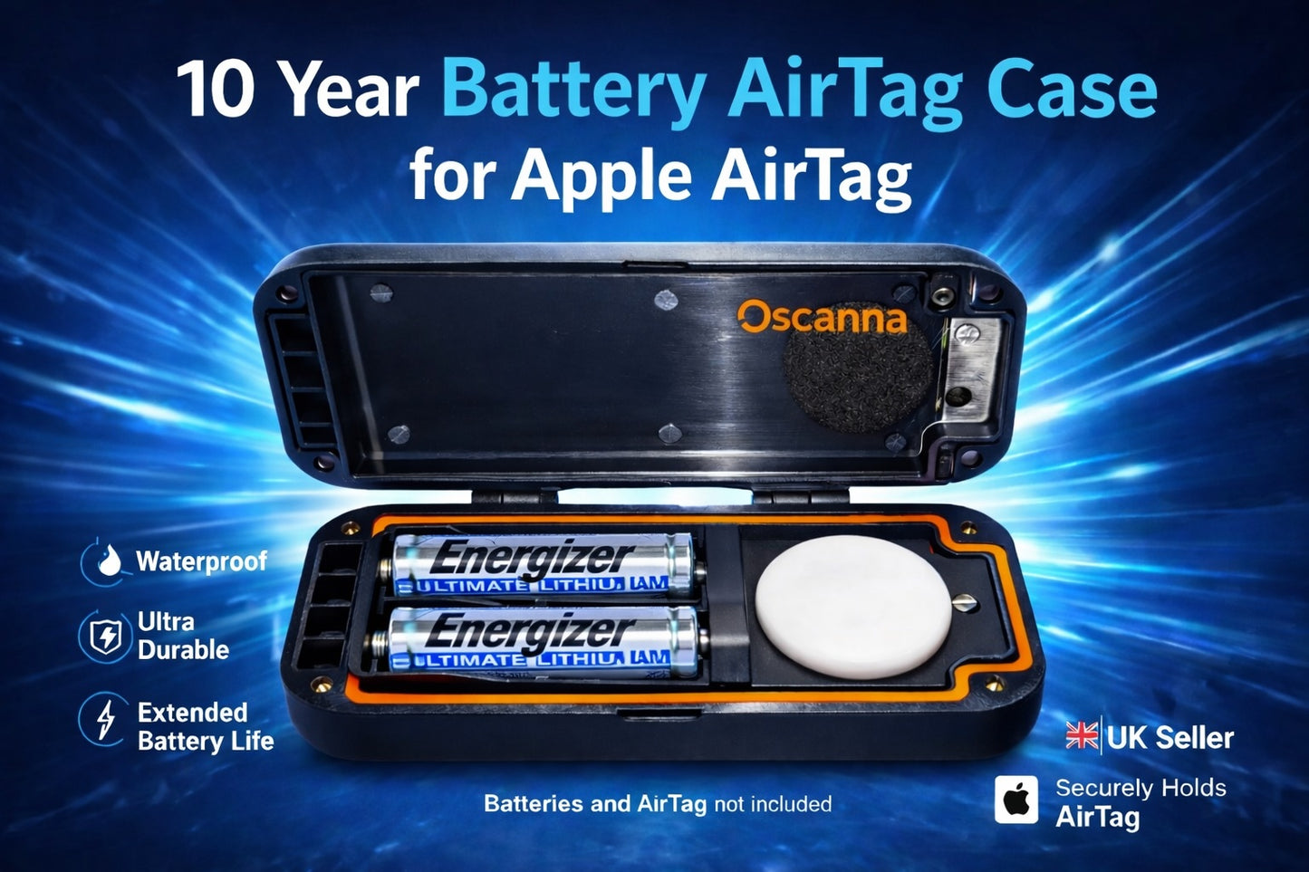 Oscanna Heavy Duty AirTag Case Dual AA 10 Year Battery IP69 Waterproof