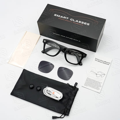 GS4 Max black smart glasses with clear anti-blue-light lenses, spare sunglasses lenses, magnetic charging cable, pouch, cloth and user guide.