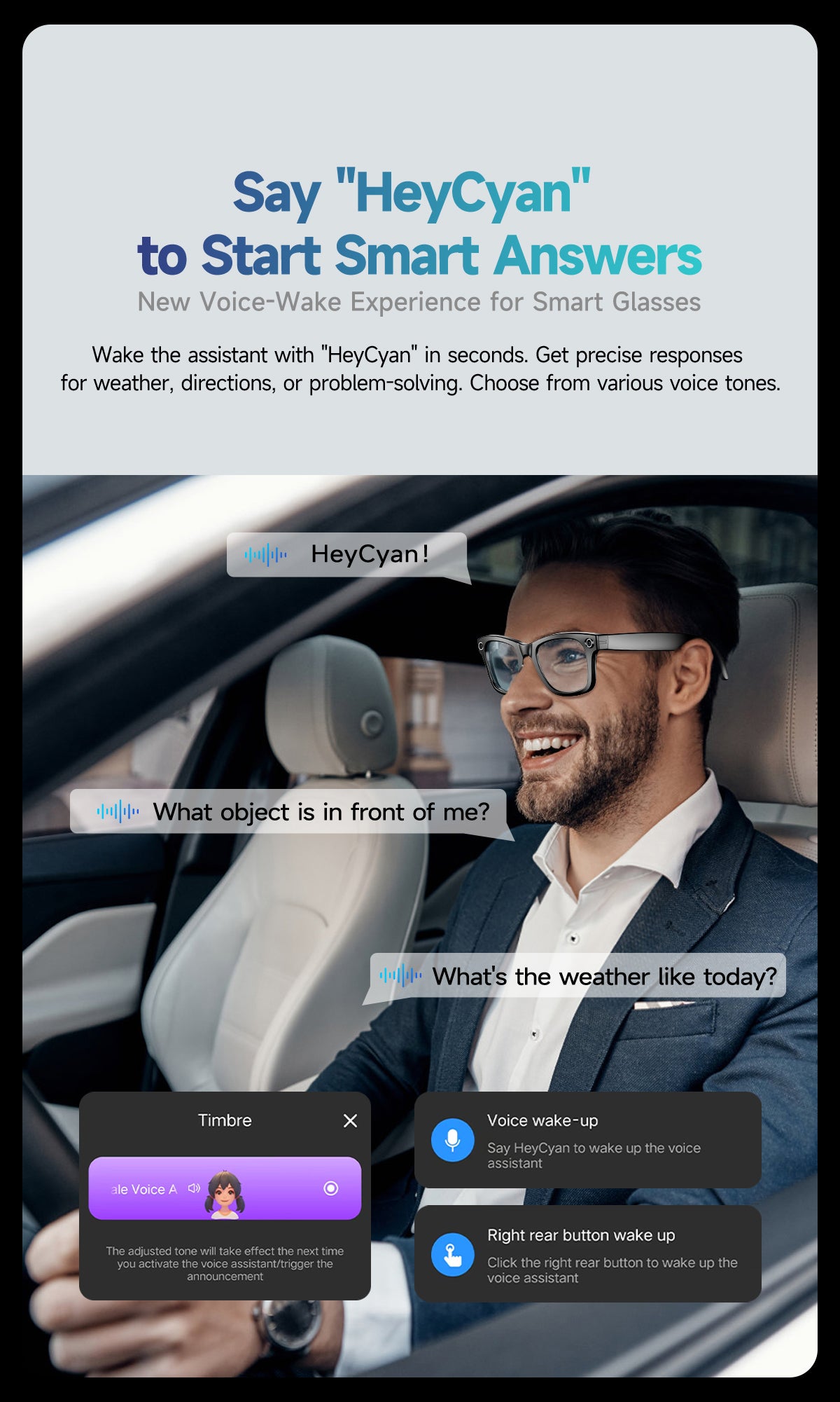 HeyCyan voice assistant and controls demonstrated with GS4 Max black glasses.
