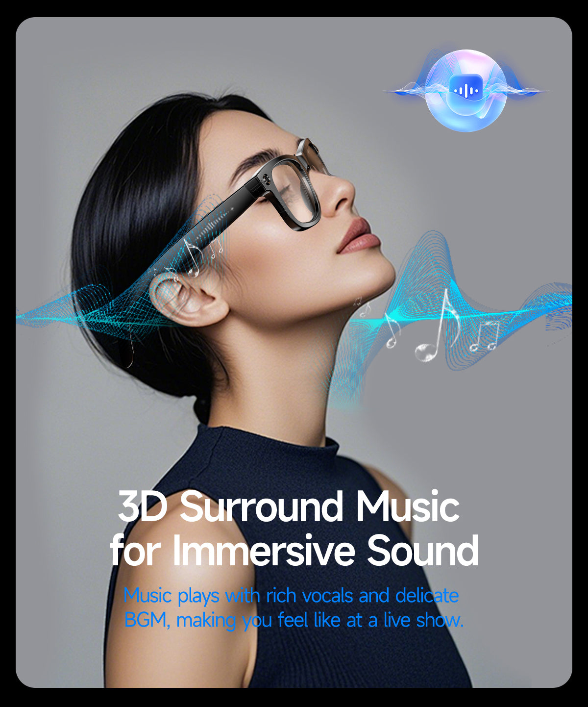 Person wearing black GS4 Max glasses while listening to music.