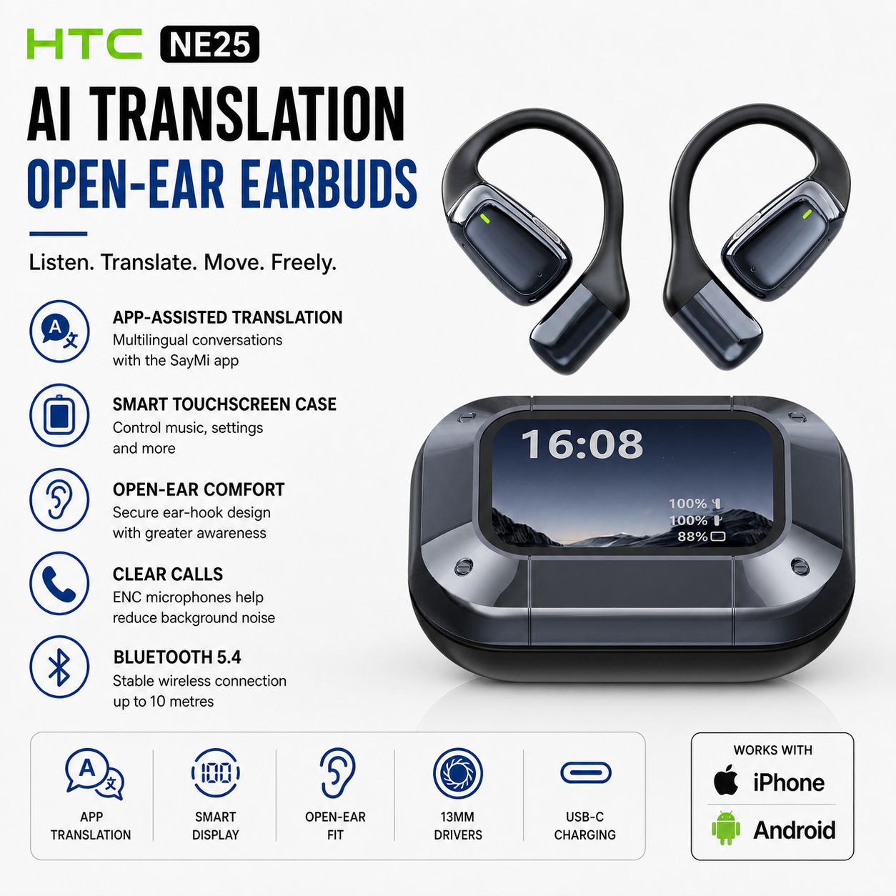 HTC NE25 AI Translation Open-Ear Earbuds with Smart Touchscreen Case