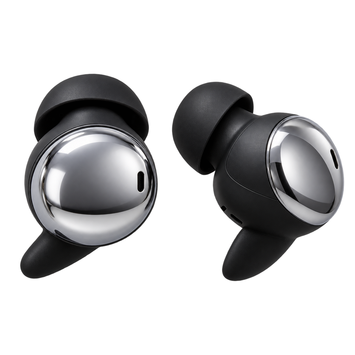 Video-verified close-up of HTC NE90 sleep earbuds with mirror-chrome faces, silicone tips and stabilising wings