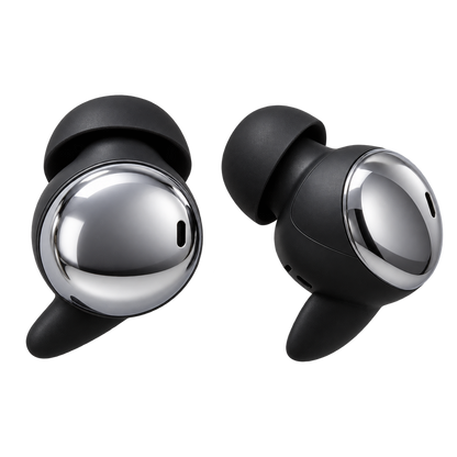 Video-verified close-up of HTC NE90 sleep earbuds with mirror-chrome faces, silicone tips and stabilising wings