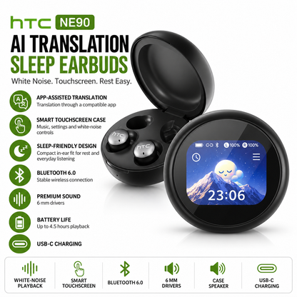 HTC NE90 AI translation sleep earbuds with touchscreen case and key specifications