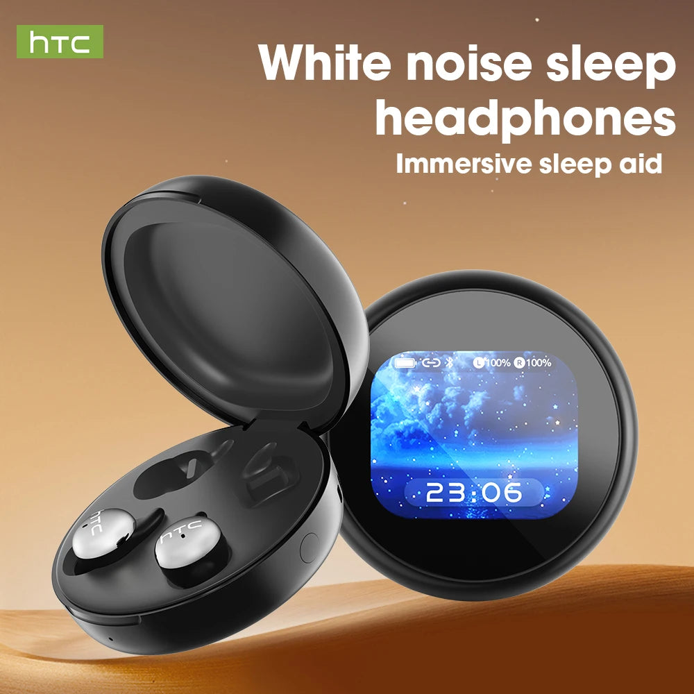 HTC NE90 earbuds in an open black charging case beside the touchscreen case