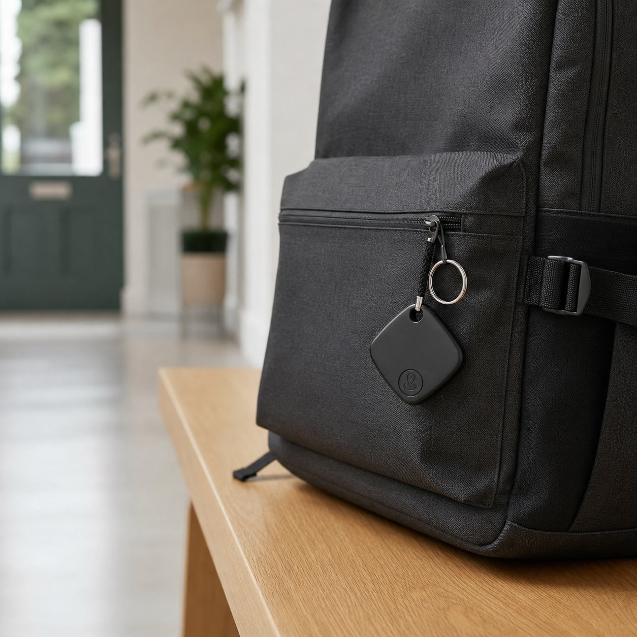 Black Android Google Find Hub tracker attached to a charcoal backpack