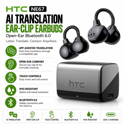 HTC NE67 AI translation ear-clip earbuds feature overview