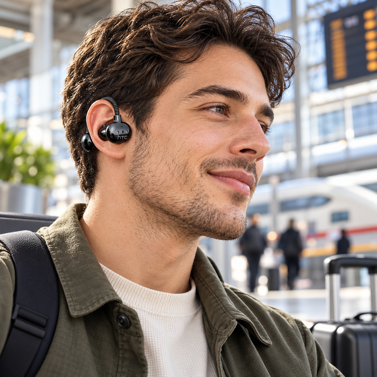 HTC NE67 black ear-clip earbud worn on ear
