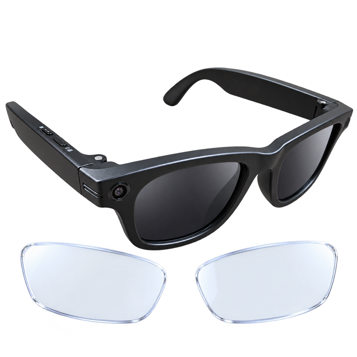 GS4 Max black AI sunglasses with two separate clear anti-blue-light replacement lenses